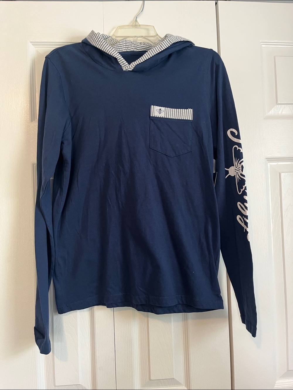 Lily Grace Navy Hooded Top with Blue & White Striped Trim